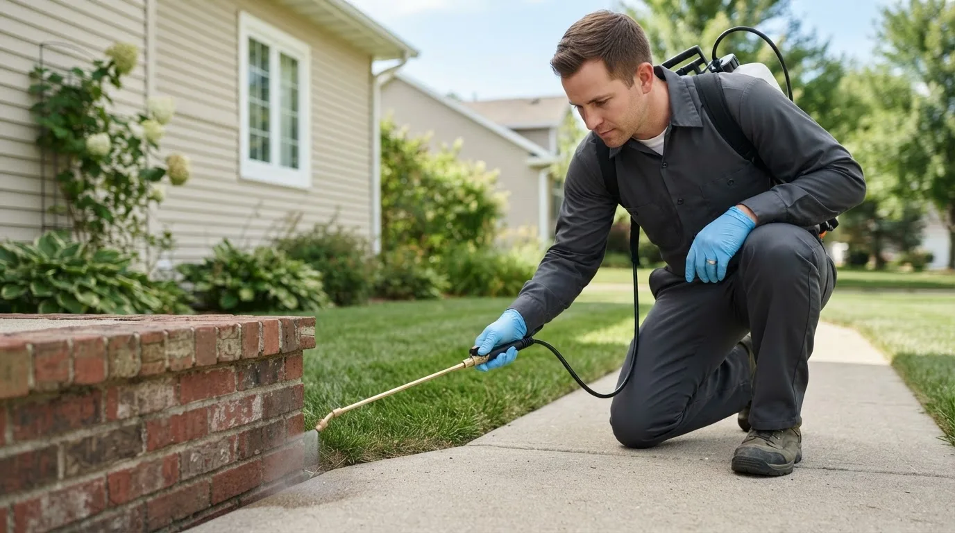 Pest control technician treating a home near Chatsworth, IA